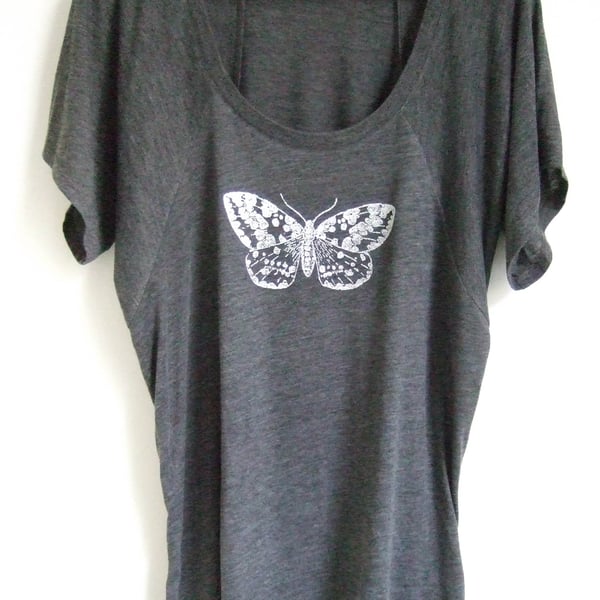 SALE silver moth womens heather grey printed T shirt  raglan drapy style top