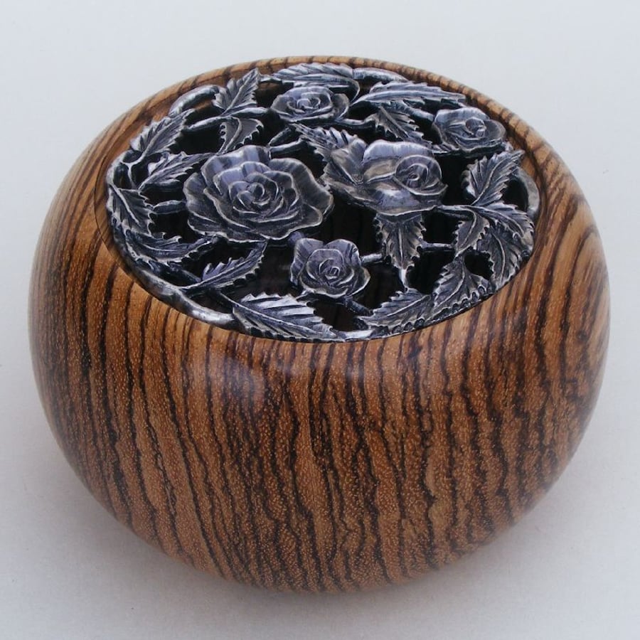 Hand Turned Potpourri Bowl Made from Zebrano with ’Roses’ Pewter Lid.  (B019)
