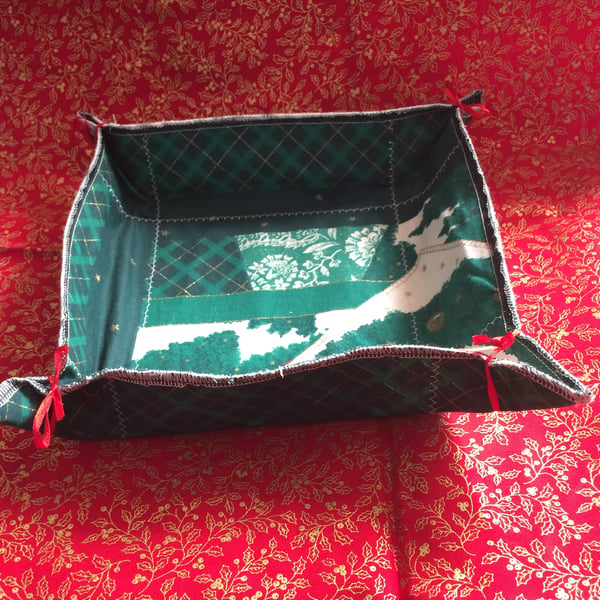 Decorative festive green tartan fabric square basket