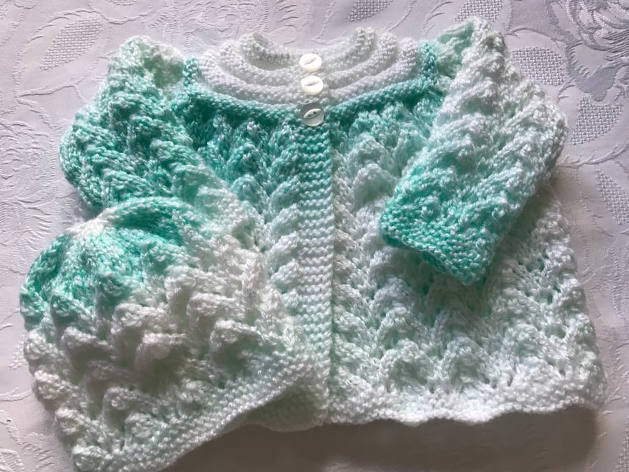 Hand Knitted Babies Pastel Green and White  Matinee Cardigan and Hat.
