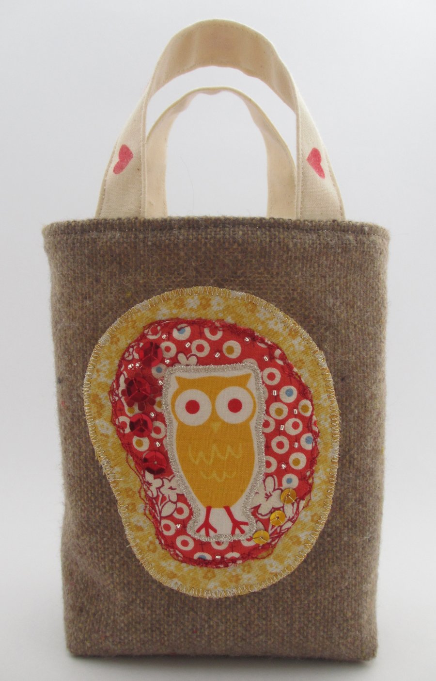 Pretty Handmade Owl Gift Bag. Rustic Tweed Textile Gift Bag. Woodland Boho Gift