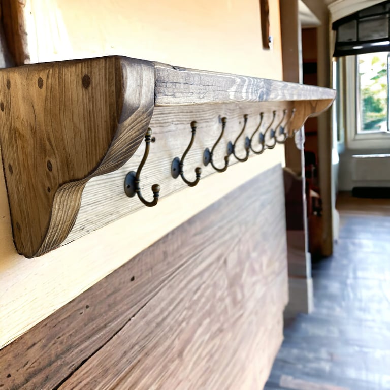 Wooden Coat Rack With Shelf Wall Mounted Recycled Rustic Solid Wood THE ZAGREB