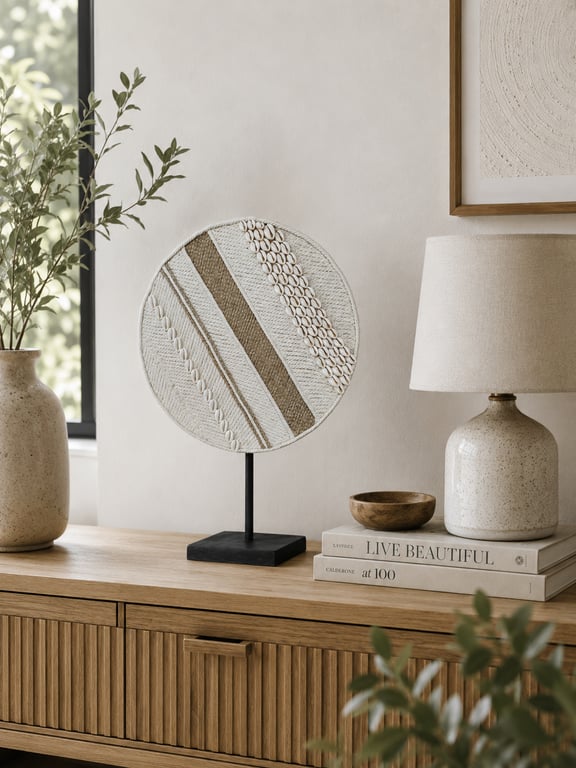 Off White & Mixed Jute Cowrie Shell Macrame Wall Hanging or Shelf Decor 