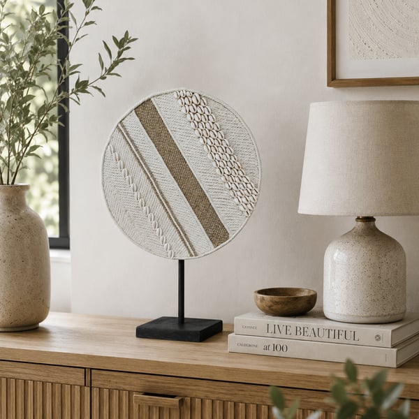 Off White & Mixed Jute Cowrie Shell Macrame Wall Hanging or Shelf Decor 