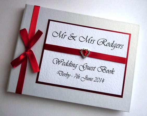 Wedding guest book with red ribboon, wedding gift, wedding keepsake