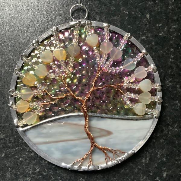 Pale agate heart bead tree of life suncatcher