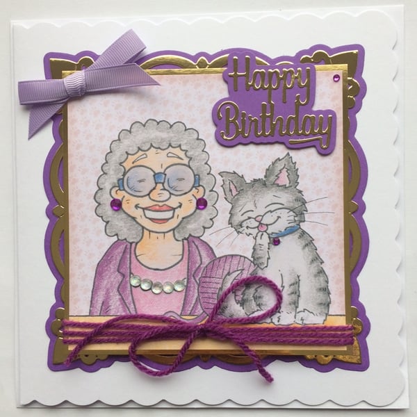 Birthday Card Happy Birthday Knitting Crochet Cat Senior Lady 3D Luxury Handmade