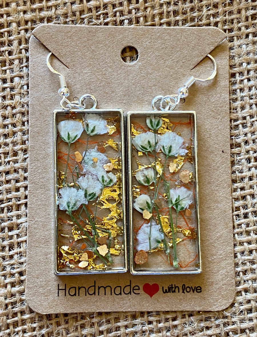 Handmade Silver-Rimmed Resin Earrings With Gold Mesh, Dried Flowers and Shells