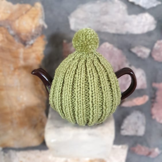 Small Tea Cosy for 2 Cup Tea Pot, Pistachio Green, Hand Knitted, Wool Mix Yarn
