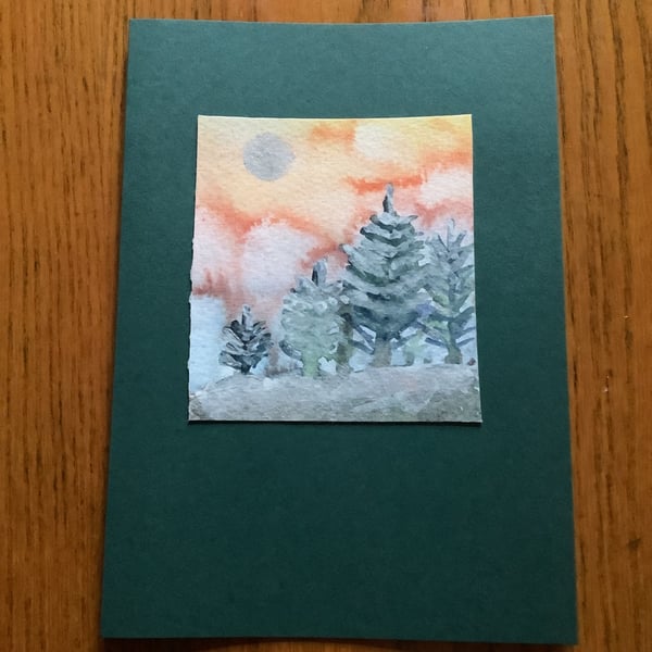 Hand Painted Yule Christmas Card ' Red Sky at Yule'