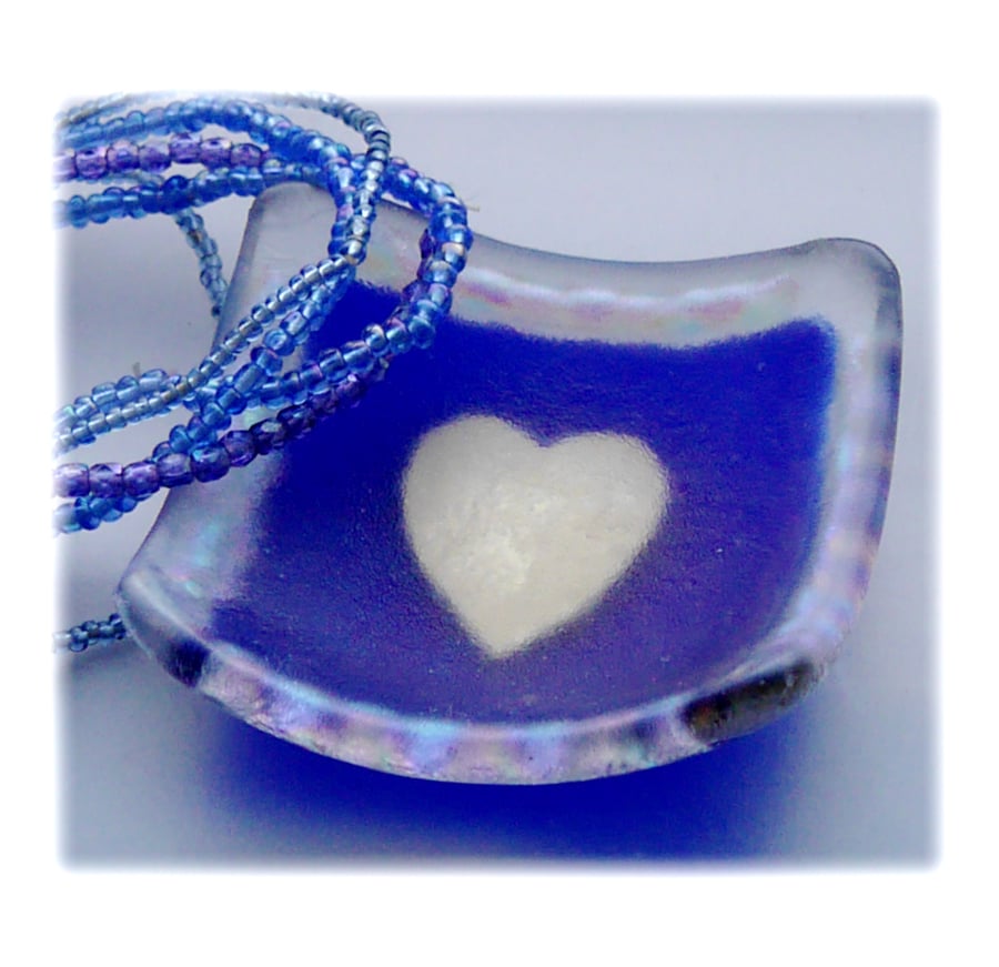 RESERVED Earring Ring Dish Fused Glass 6.5cm Blue Deep Heart Dichroic