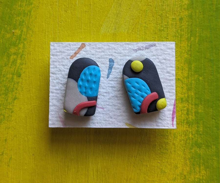 Clip on studs, multicoloured arch-shape polymer clay earrings