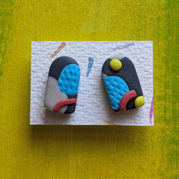 Clip on studs, multicoloured arch-shape polymer clay earrings