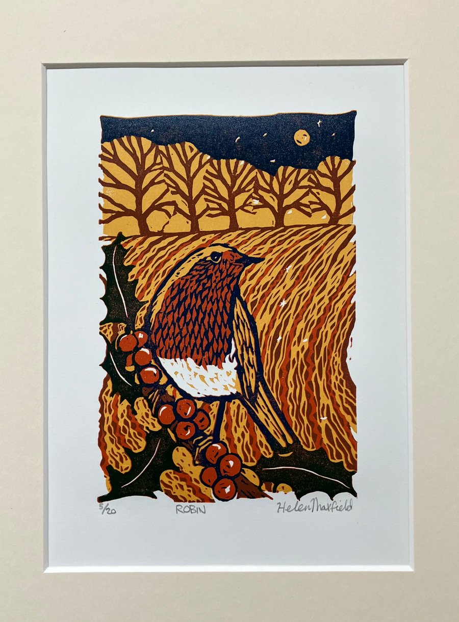 ‘Robin’ original lino print
