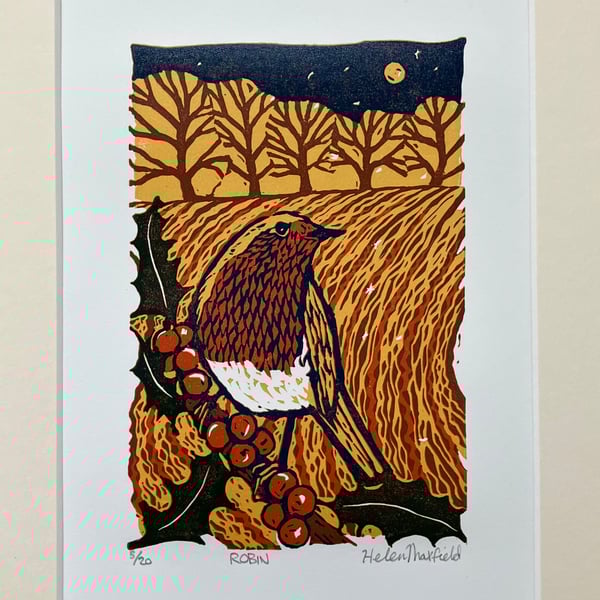 ‘Robin’ original lino print