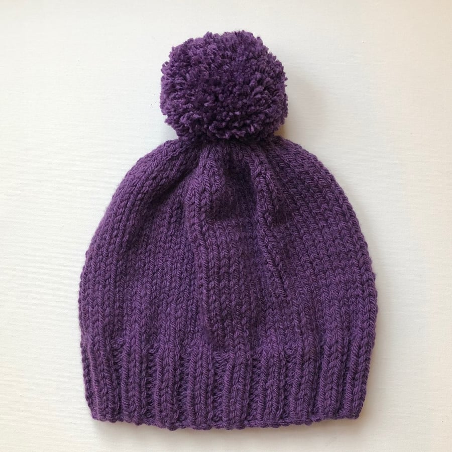 Bobble Hat in Purple Chunky Yarn
