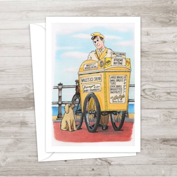 Seaside Greeting Card: Pencil Illustration of an Ice Cream Man and a Dog (810)