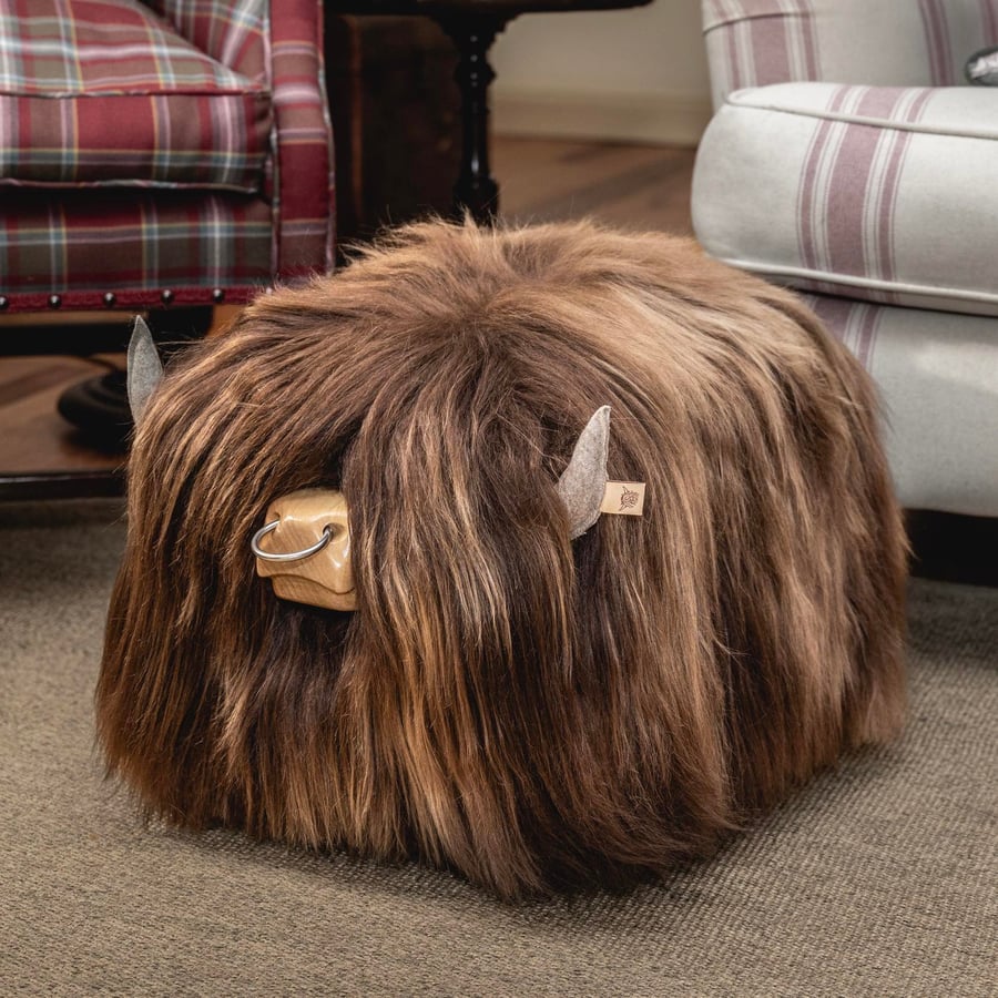 Fluffy Highland Bull Footstool - Ash brown