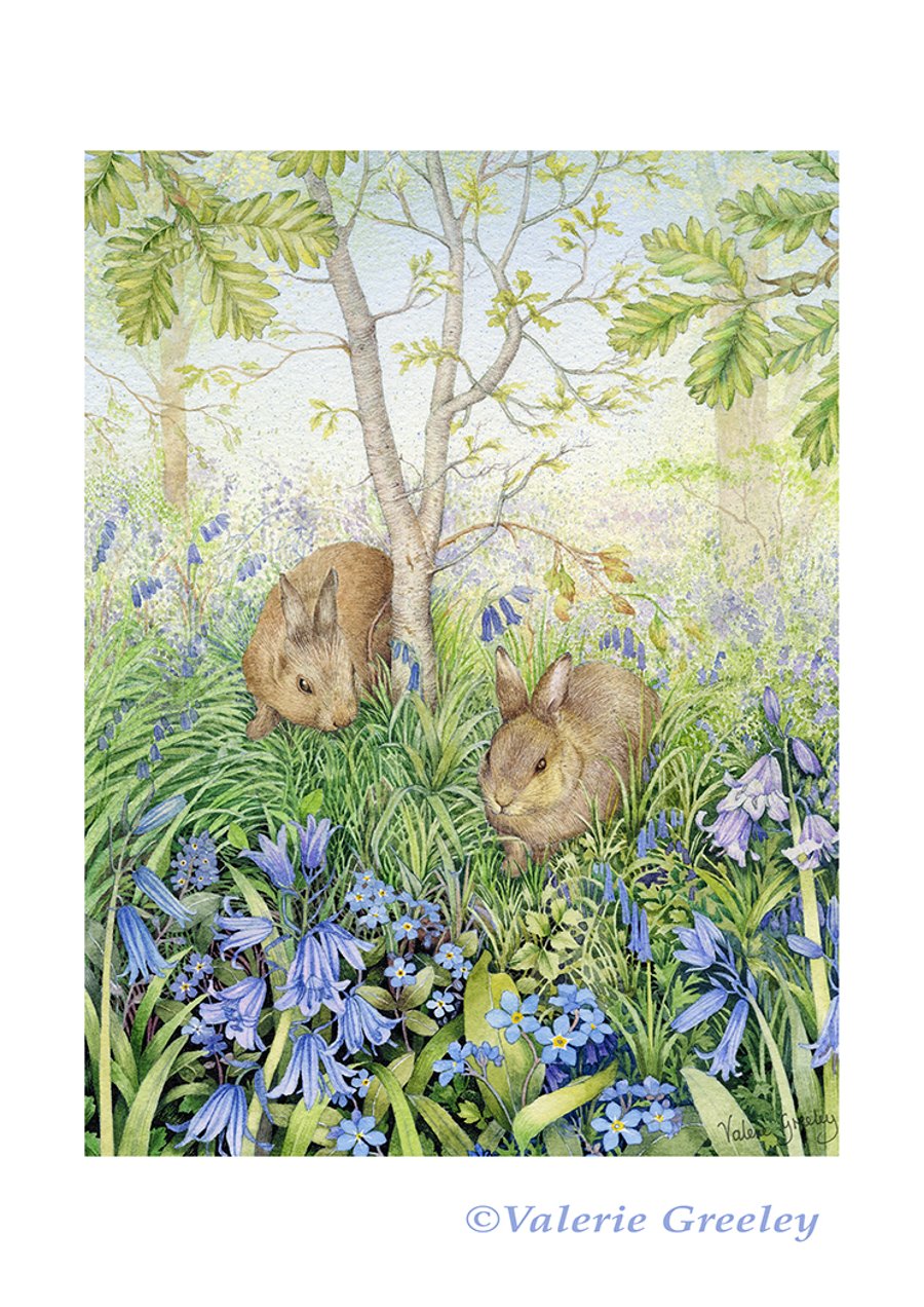 Rabbits with bluebells print by Valerie Greeley