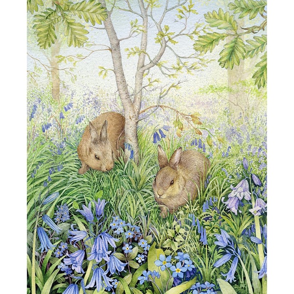 Rabbits with bluebells print by Valerie Greeley