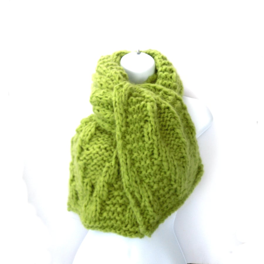 Lime green chunky knitted alpaca scarf ,