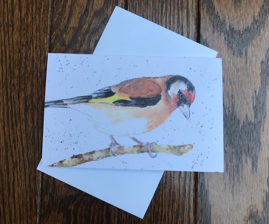 Colourful goldfinch greeting card by UK artist Janet Bird