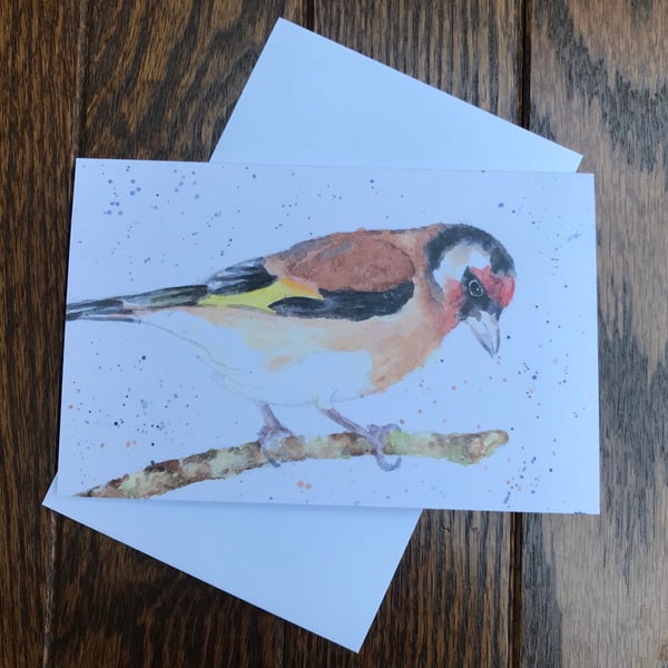 Colourful goldfinch greeting card by UK artist Janet Bird