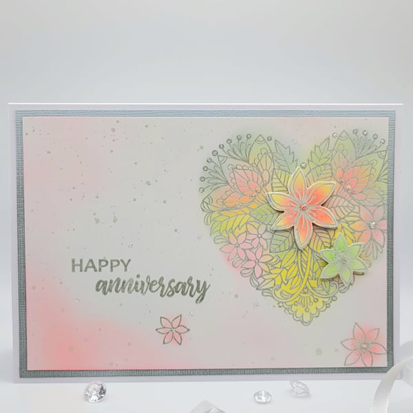 Anniversary Card - handmade cards, floral, heart, embossed 
