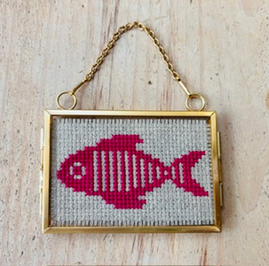 Miniature Raspberry Pink Framed Fish Embroidery