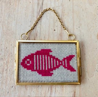 Miniature Raspberry Pink Framed Fish Embroidery
