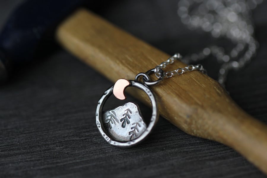 Sterling Silver small mountain necklace with copper moon