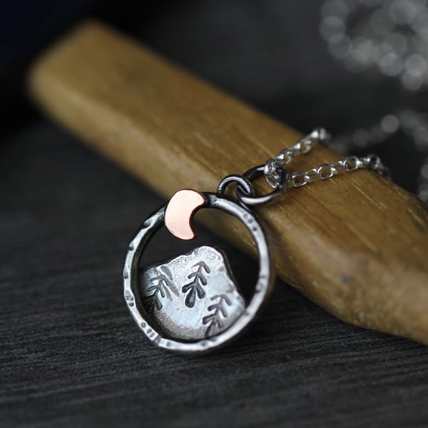 Sterling Silver small mountain necklace with copper moon