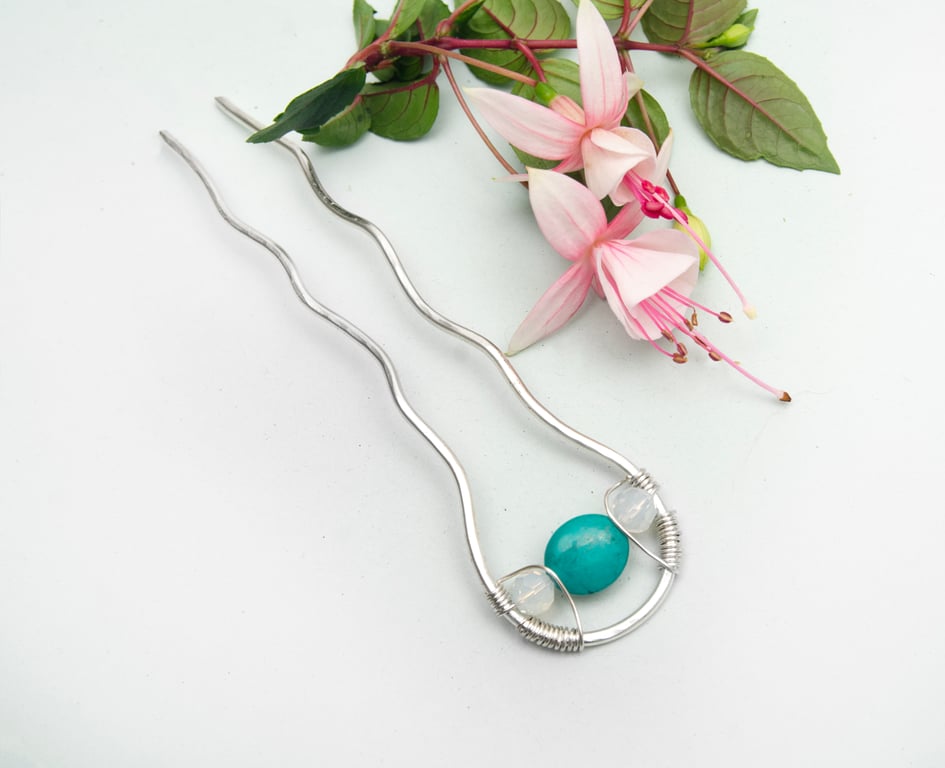 Silver plated hair fork,hair bun slide ,turquoise stone hair slide