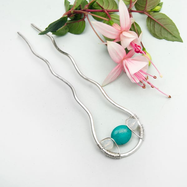 Silver plated hair fork,hair bun slide ,turquoise stone hair slide