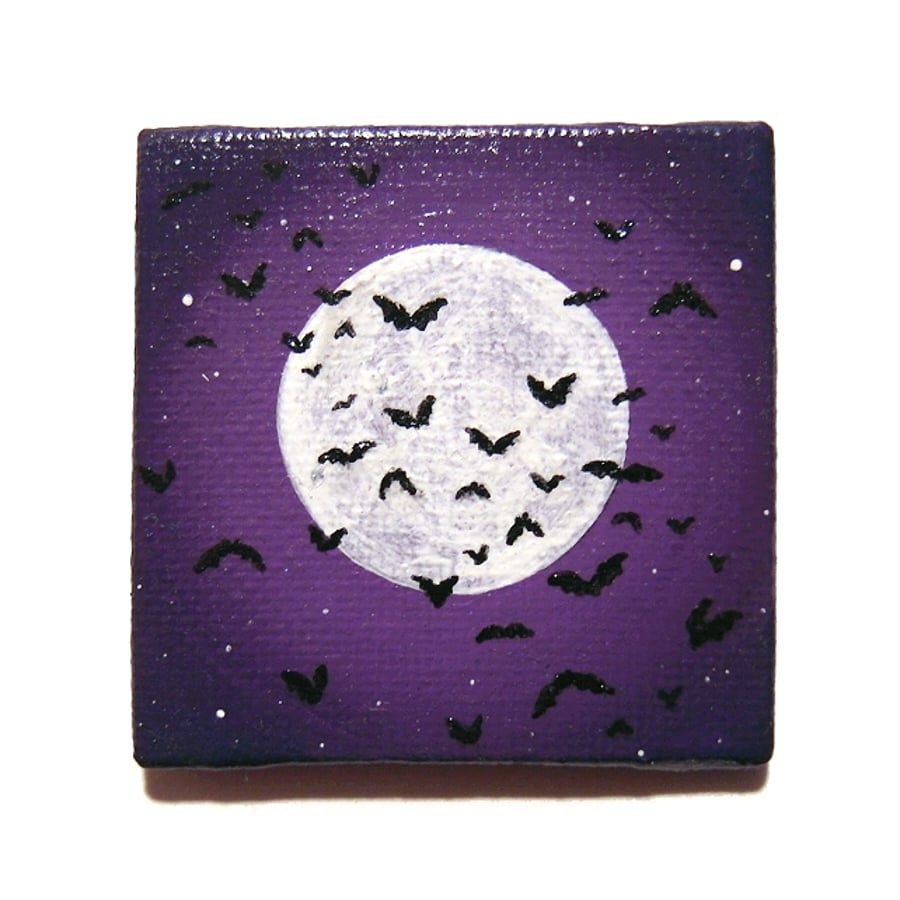 Full Moon with Bats Painted Magnet - small original art of purple night scene
