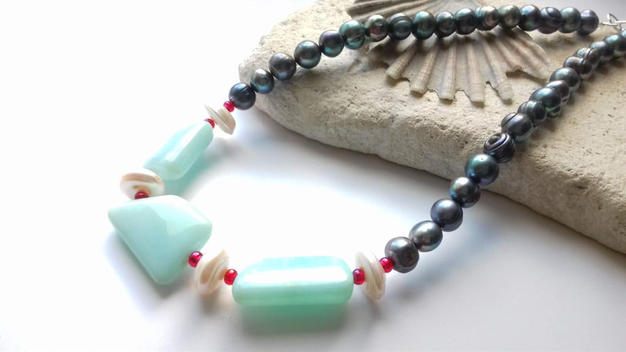 Blue Opal and Freshwater Pearl Beaded Necklace