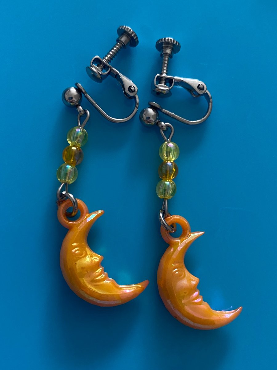 Clip on Earrings - NON-PIERCED Orange Moon Earrings - Plastic & Steel 