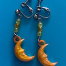 Clip on Earrings - NON-PIERCED Orange Moon Earrings - Plastic & Steel 