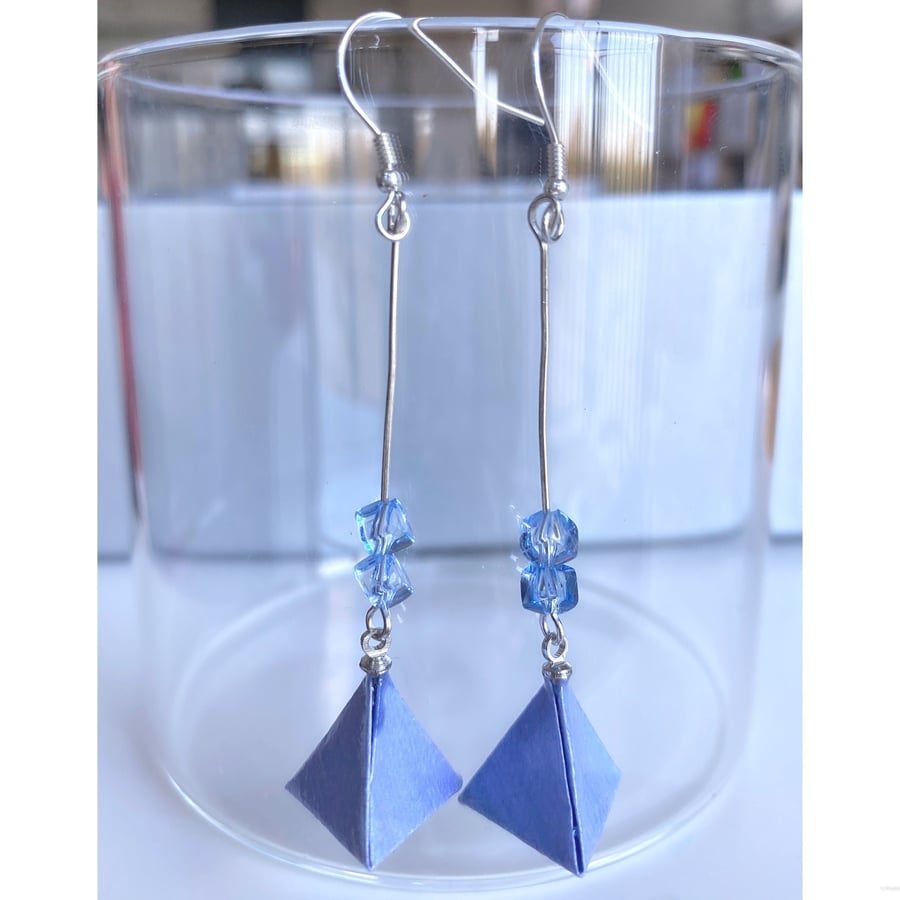 Origami Triangle Earrings, Triangle Earrings, Paper Fold Earrings, Blue Earrings