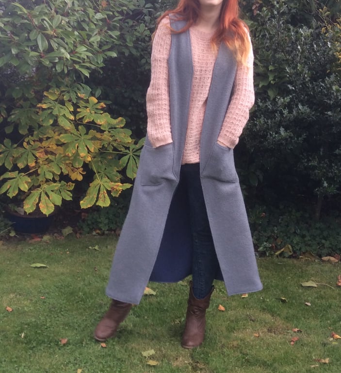 Coat, longline, sleeveless, grey woollen textured fabric,  jacket