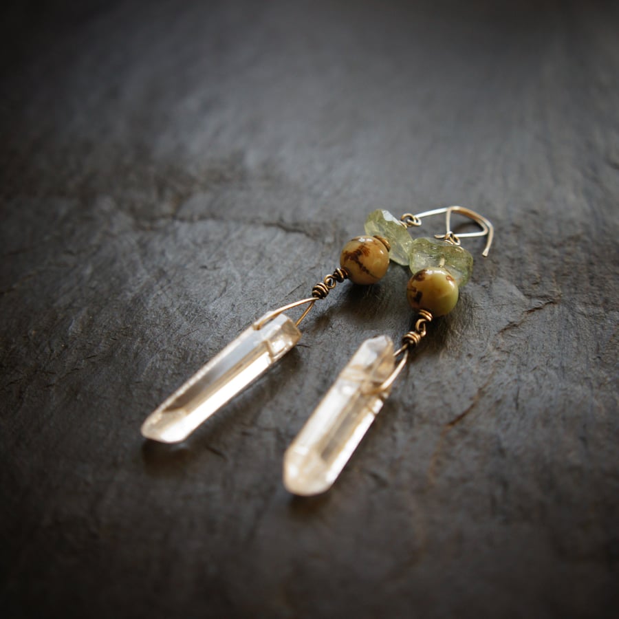Aquamarine, Agate, Quartz and Sterling Silver Earrings