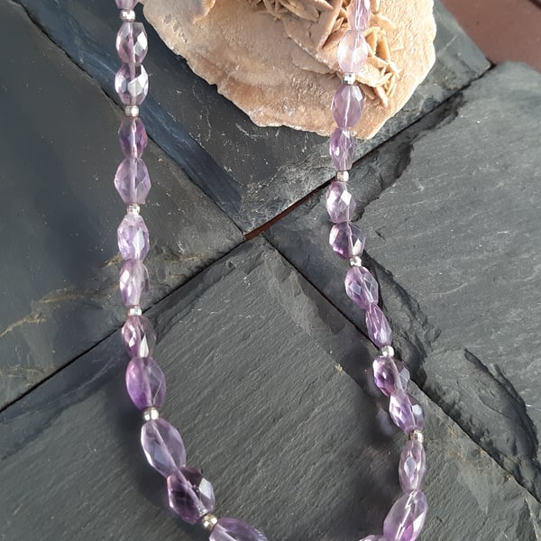 Faceted Oval Amethyst and Sterling Silver Necklace