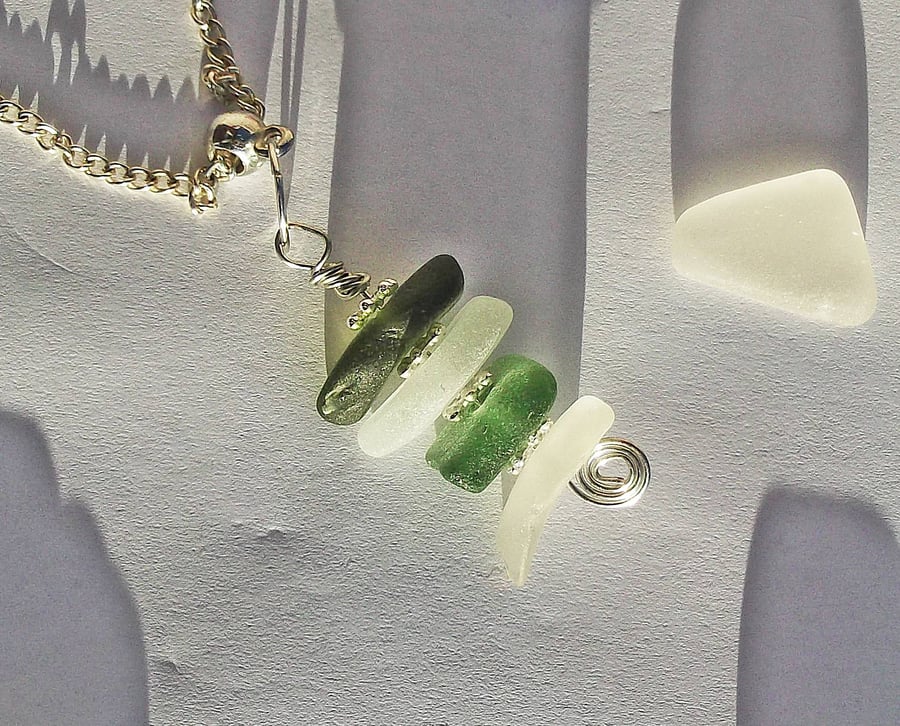 Green and white sea glass stack pendant. Sea glass jewellery.