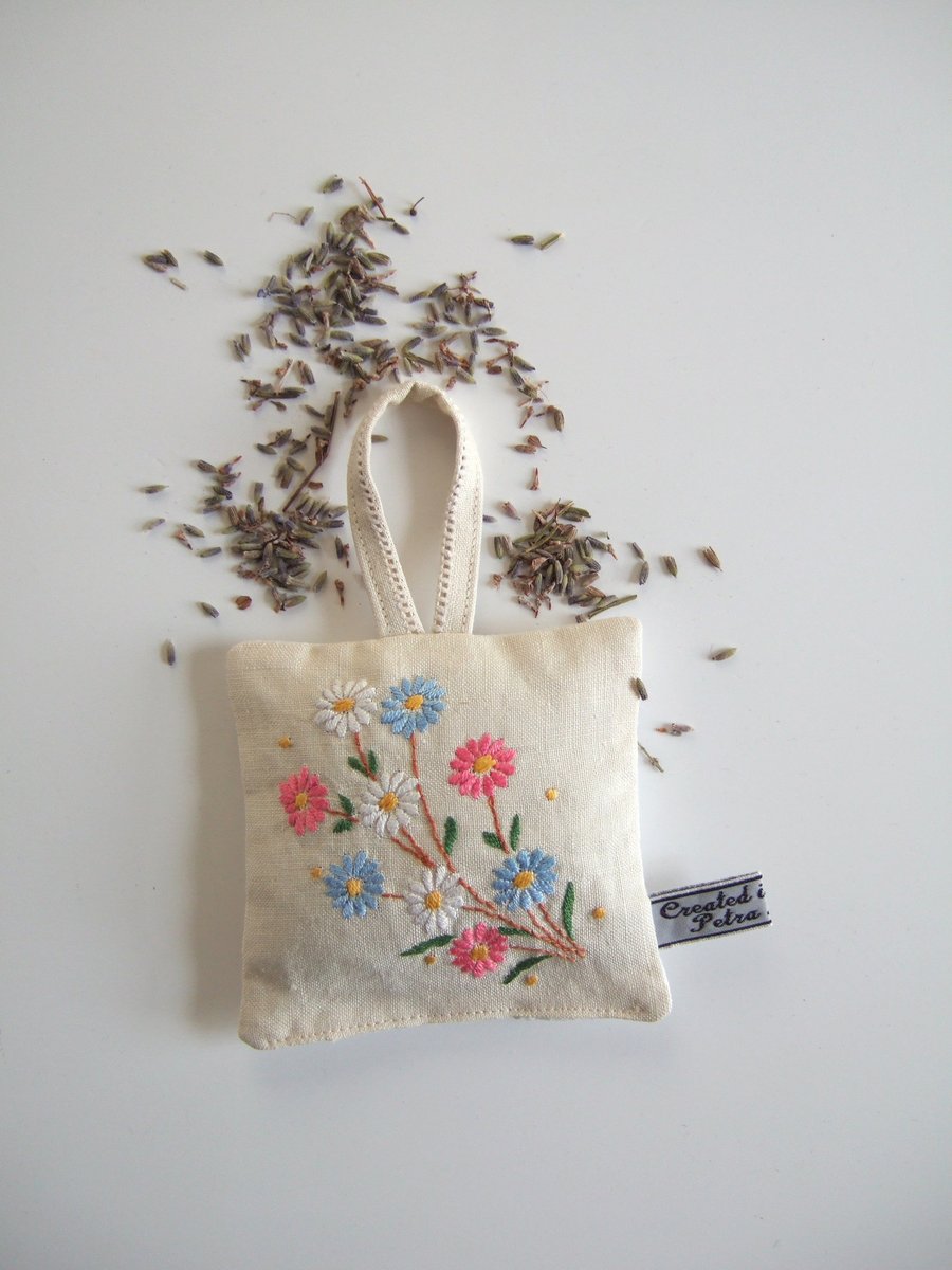 Vintage embroidered floral lavender bag with dried Yorkshire lavender