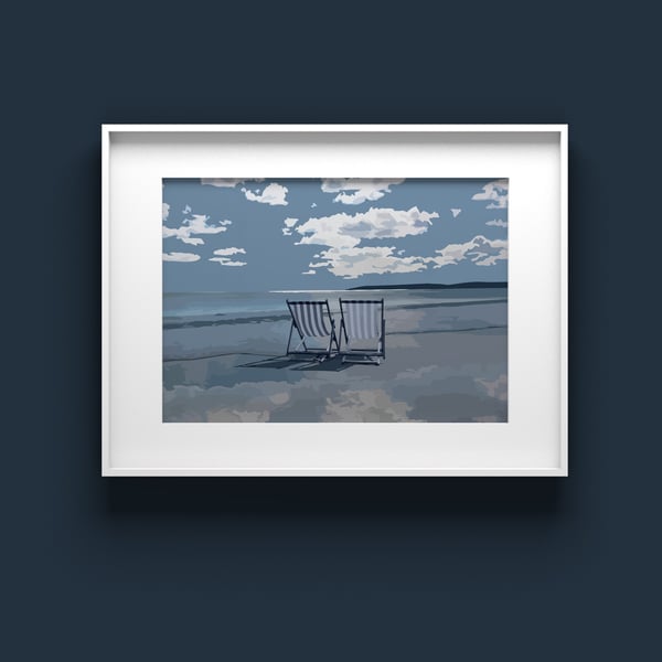 Deckchairs art print, holiday memories gift for friend, 