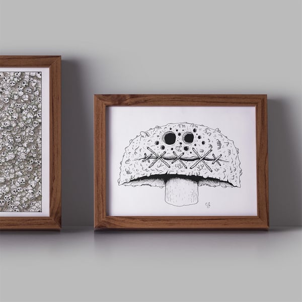 The Silenced Mushroom – A Haunting Hand-Drawn Reflection in Black & White A5