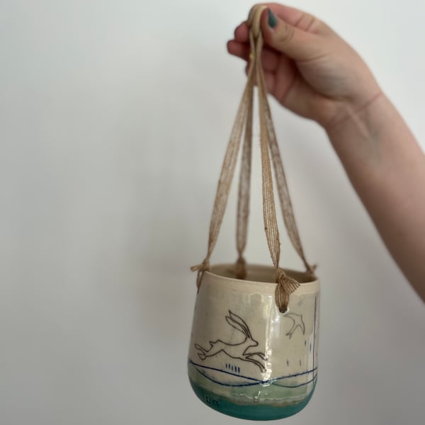 A Ceramic hanging plant holder - 98 Hare mustard moon - Summer Studio Sale 