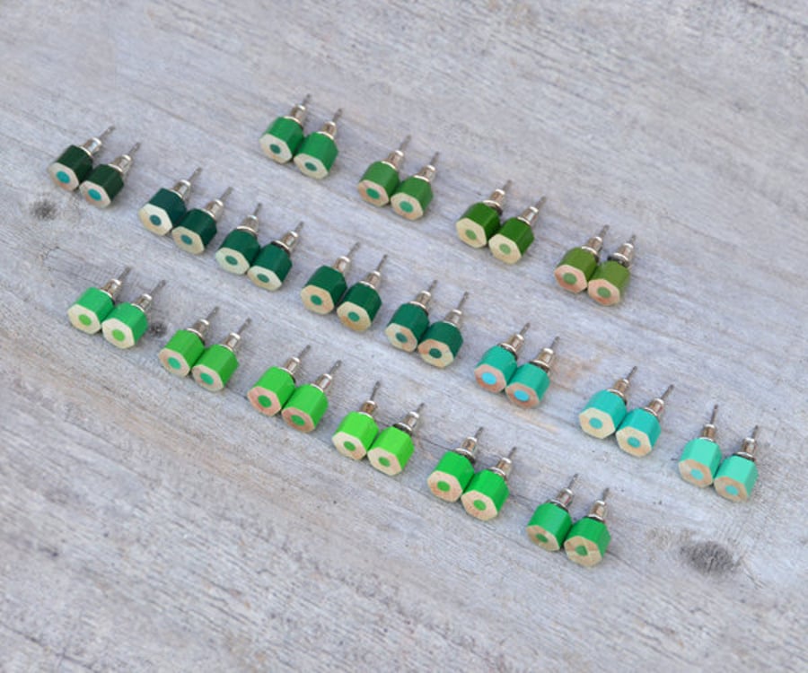 Green Color Pencil Ear Studs, Green Earring Stud, 18 Shades Of Green