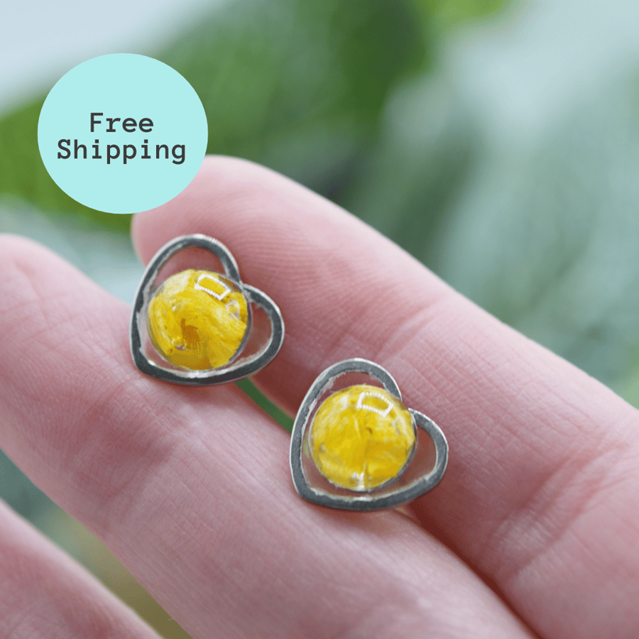 Yellow Marigold Petal Heart Stud Earrings - Free Postage