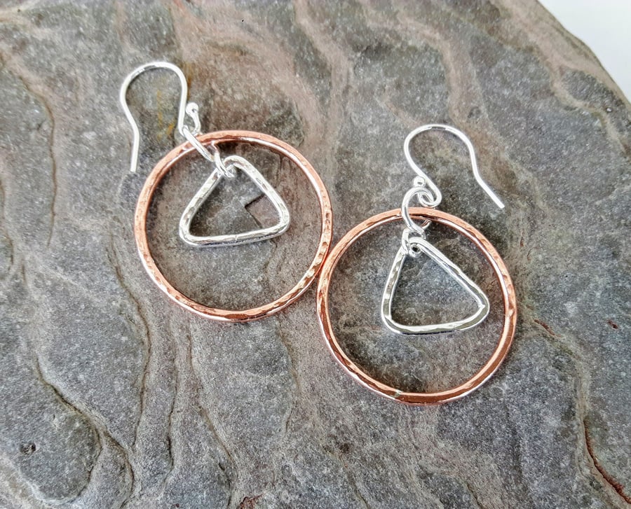 Geometric Drop Earrings, Silver Triangle in Copper Circle 
